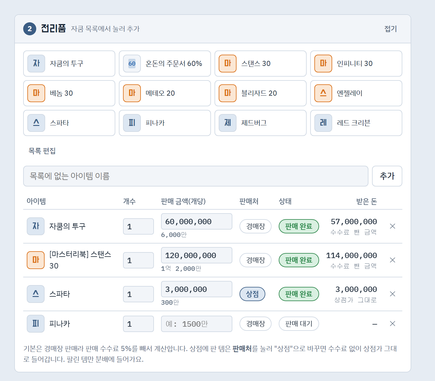 전리품 칸. 자쿰 드랍템 버튼 목록 아래에 경매장 판매 2개, 상점 판매 1개, 판매 대기 1개가 있는 표